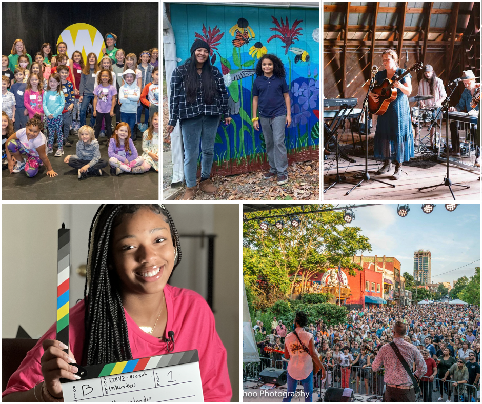 Select FY24 grant recipients from left to right: Wortham Center for the Performing Arts’ All for Kids program; Shiloh Community Association’s Pollinator mural; musician Hannah Kaminer’s new studio album, “Heavy on the Vine;” Umoja Health, Wellness and Justice Collective’s “Hope 4 the Future: Transforming Lives through Hip-Hop and Healing” documentary; and Asheville Downtown Association’s Downtown After 5 series. Photos courtesy of grant recipients.