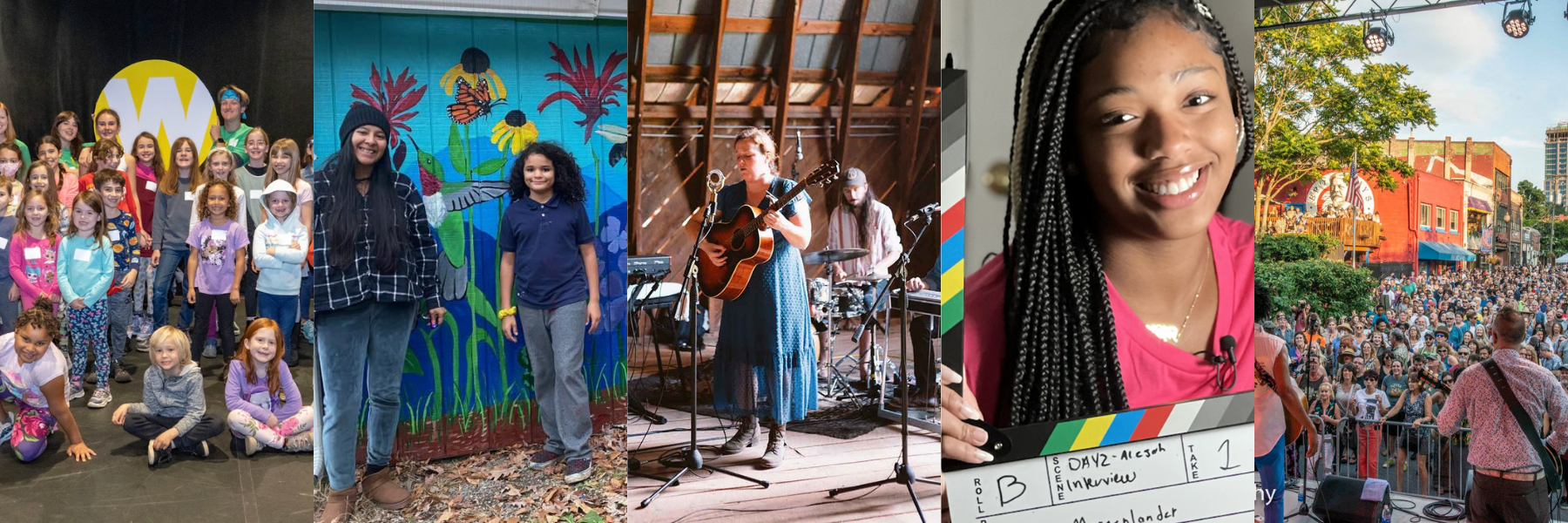 Select FY24 grant recipients from left to right: Wortham Center for the Performing Arts’ All for Kids program; Shiloh Community Association’s Pollinator mural; musician Hannah Kaminer’s new studio album, “Heavy on the Vine;” Umoja Health, Wellness and Justice Collective’s “Hope 4 the Future: Transforming Lives through Hip-Hop and Healing” documentary; and Asheville Downtown Association’s Downtown After 5 series. Photos courtesy of grant recipients.