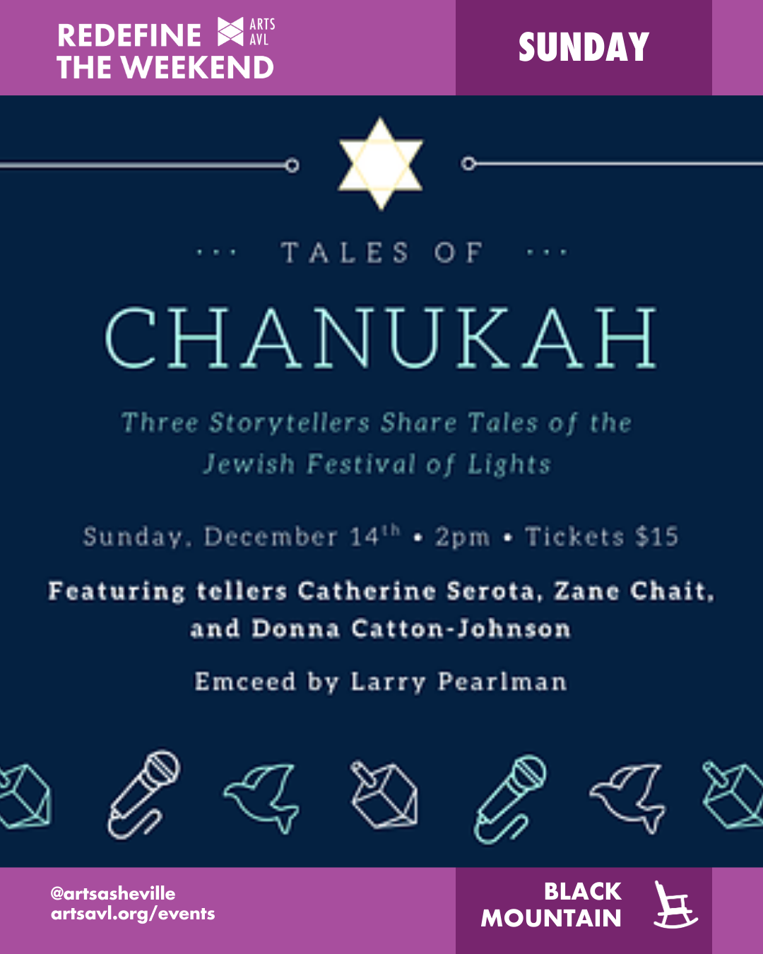 BLACK MOUNTAIN 4 Image is of text on a blue background that says "heritage weekend folk arts center" and has silhouettes of quilts, a log cabin, and people"