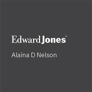 Edward Jones logo with the advisor name Alaina D Nelson on a dark gray background
