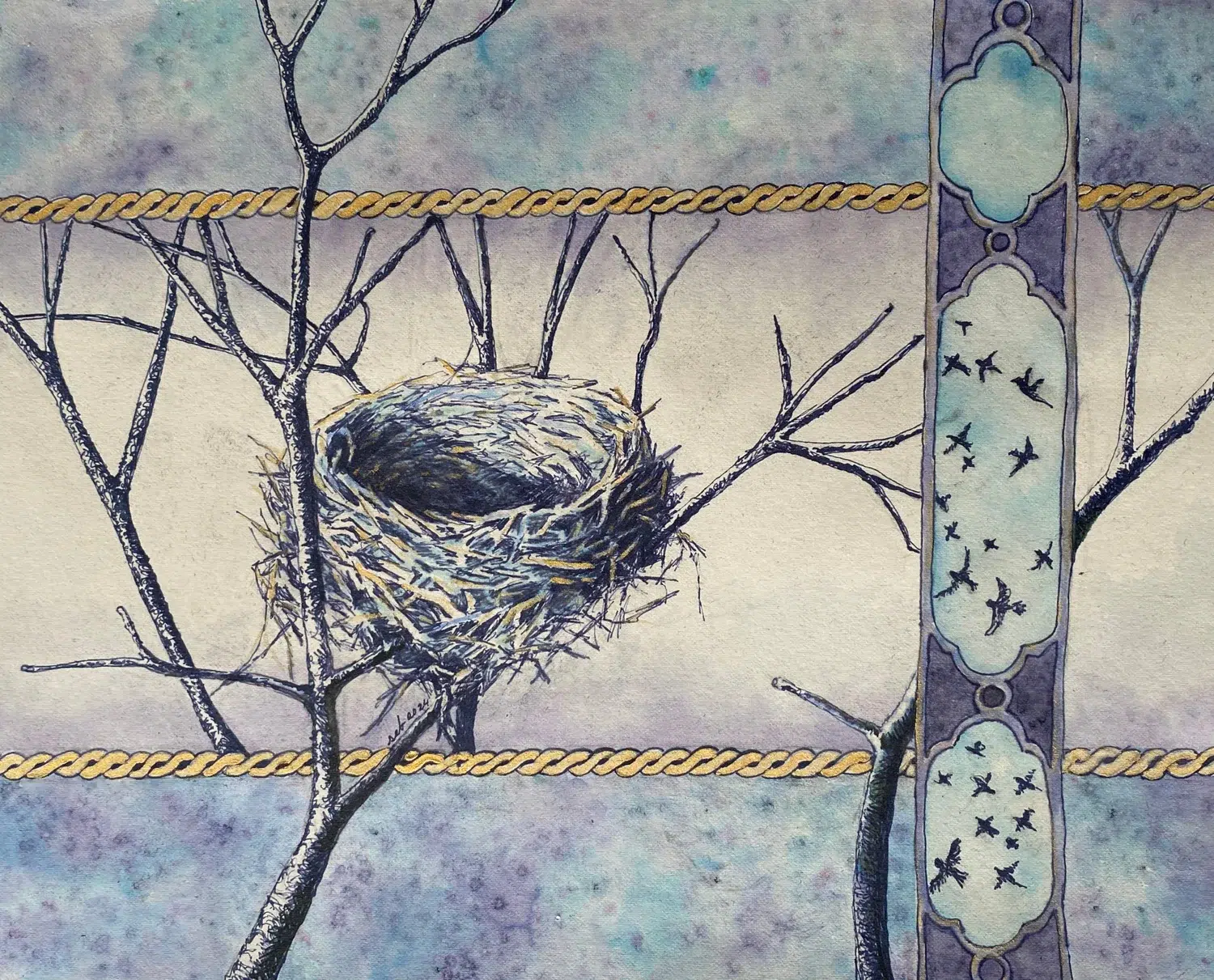 Painting of birds nest and tree in blue by Sara Bell