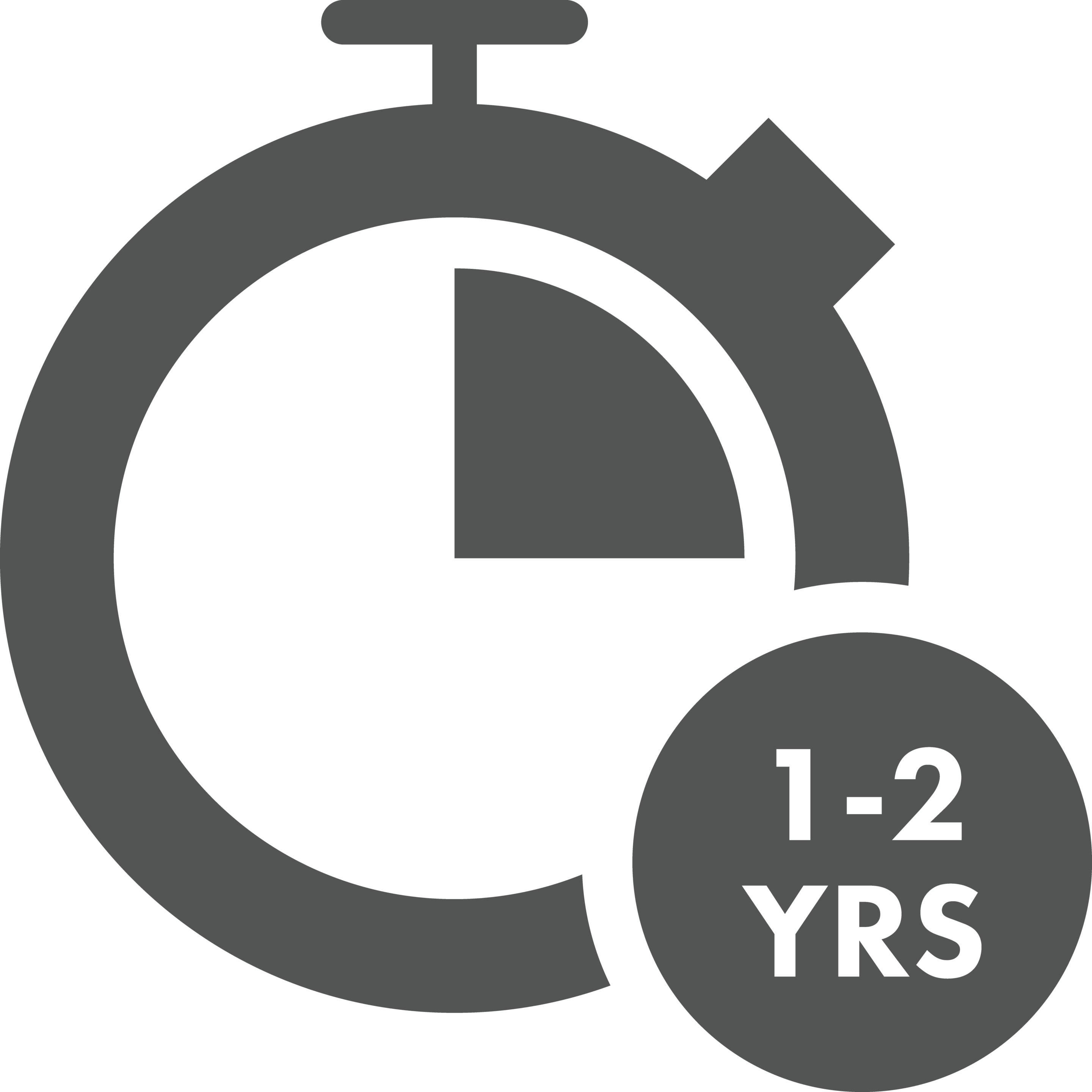Grey circular badge with the text '12 YEARS' in bold; decorative ring motif around the edge.