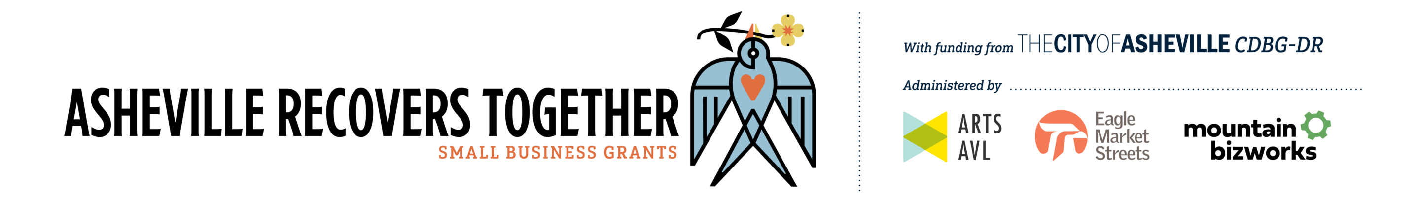 Banner for Small Business Grants with a stylized bird logo; funded by the City of Asheville CDBG-DR and administered by ArtsAVL and Eagle Market Streets.