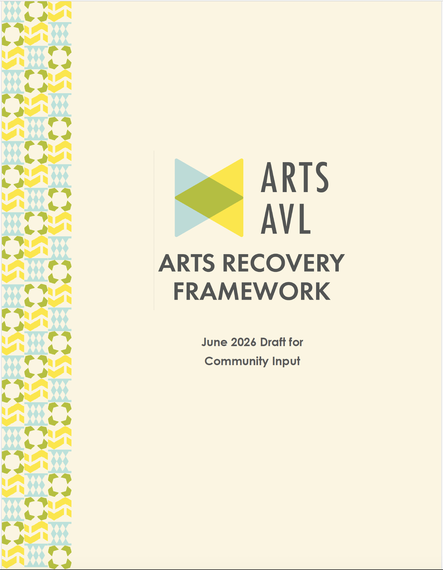 Screenshot 2026-05-28 at 14452 PM | ArtsAVL Cover page for 'ARTS AV L ARTS RECOVERY FRAMEWORK' with decorative left border pattern and the subtitle 'June 2026 Draft for Community Input'
