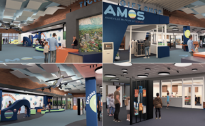 Interior of a science museum with colorful exhibits, a reception desk, and visitors exploring."