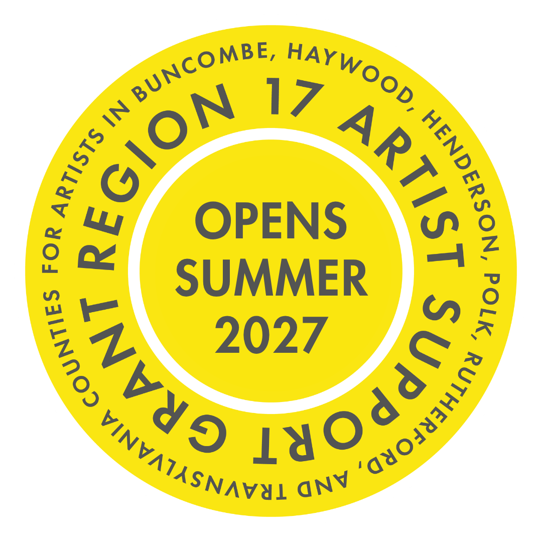 Circular yellow badge: 'Opens Summer 2027' for artist residencies across Buncombe, Haywood, Henderson, Polk, Rutherford, and Transylvania.