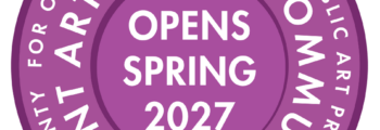 Purple circular badge reading 'OPENS SPRING 2027' with outer ring text about organizations doing public art projects in Buncombe County.