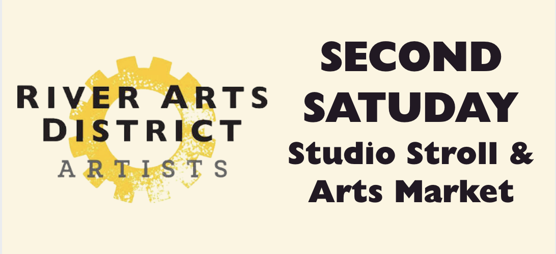 Promotional banner for River Arts District artists, featuring a yellow gear logo and bold text 'Second Saturday Studio Stroll & Arts Market'.