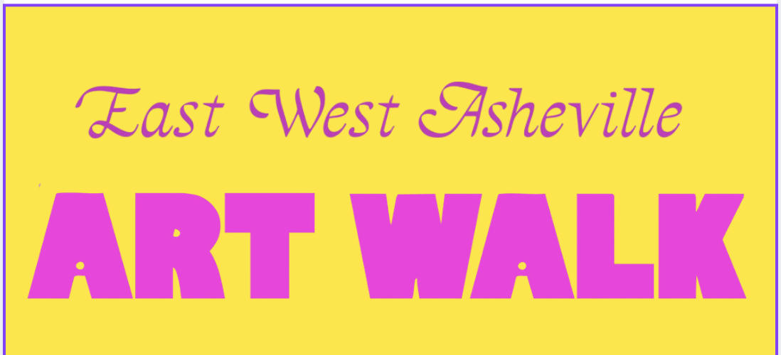 Poster-style image with pale yellow sunburst background, featuring 'East West Asheville' in purple script at the top and large magenta 'ART WEEK' letters across the center; left and right oval badges read 'SUMMER'.