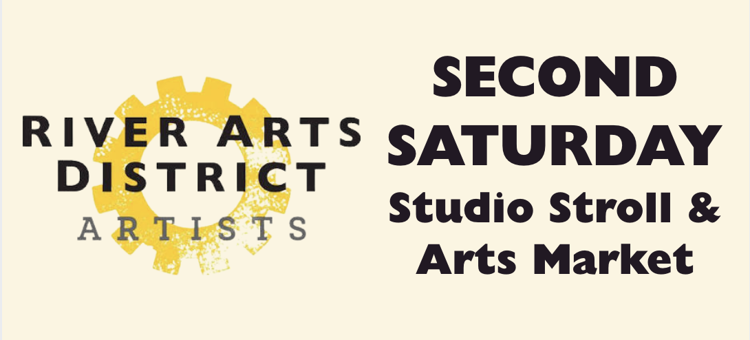 Promotional banner for River Arts District artists, featuring a yellow gear logo and bold text 'Second Saturday Studio Stroll & Arts Market'.