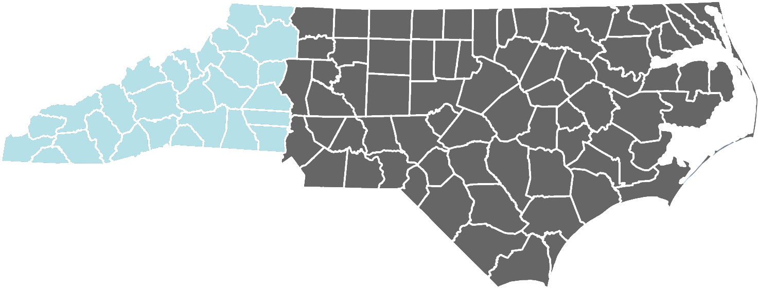 Map of North Carolina with 28 westernmost counties highlighted